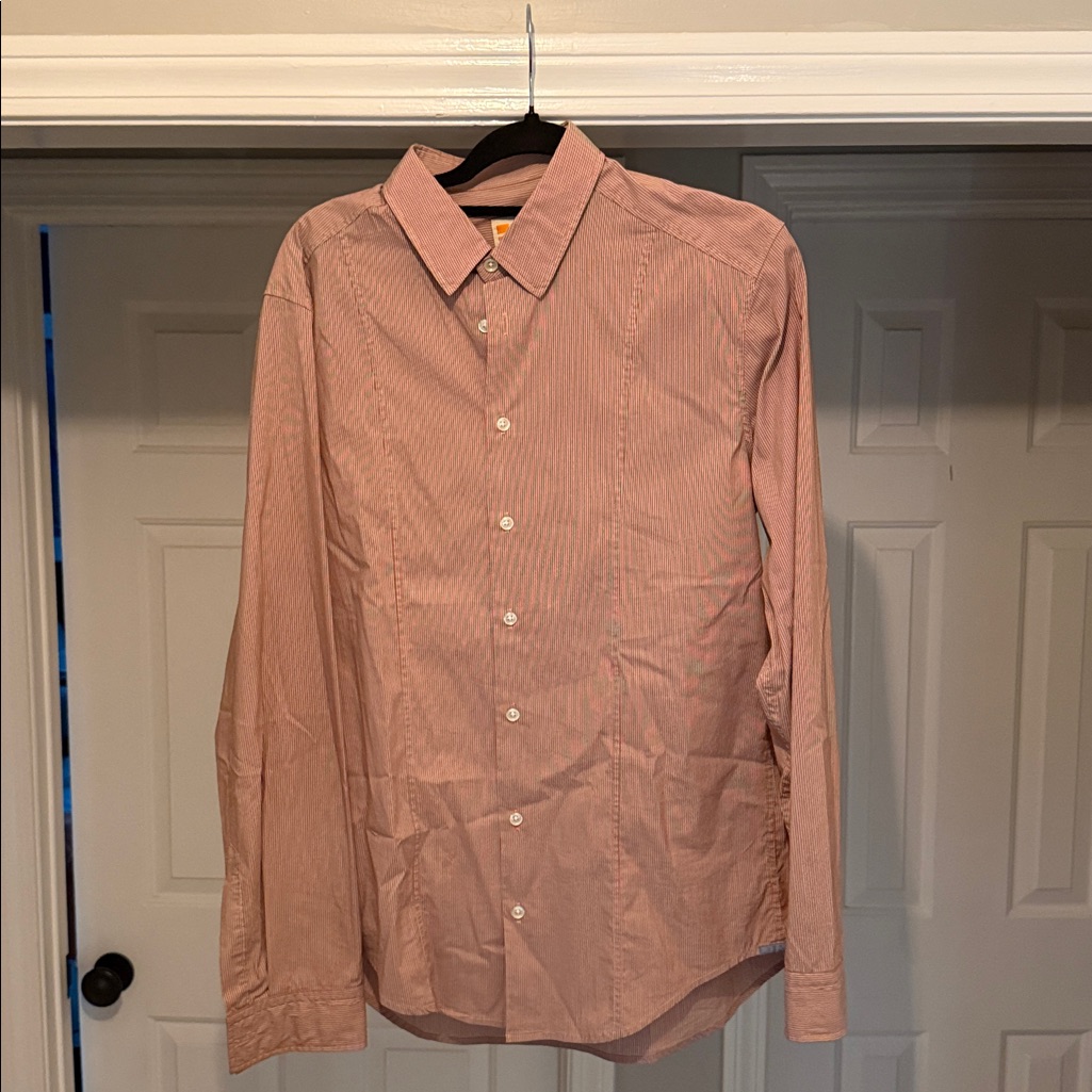 Boss Orange Men's Casual Button Down Shirt - Red And White Stripes